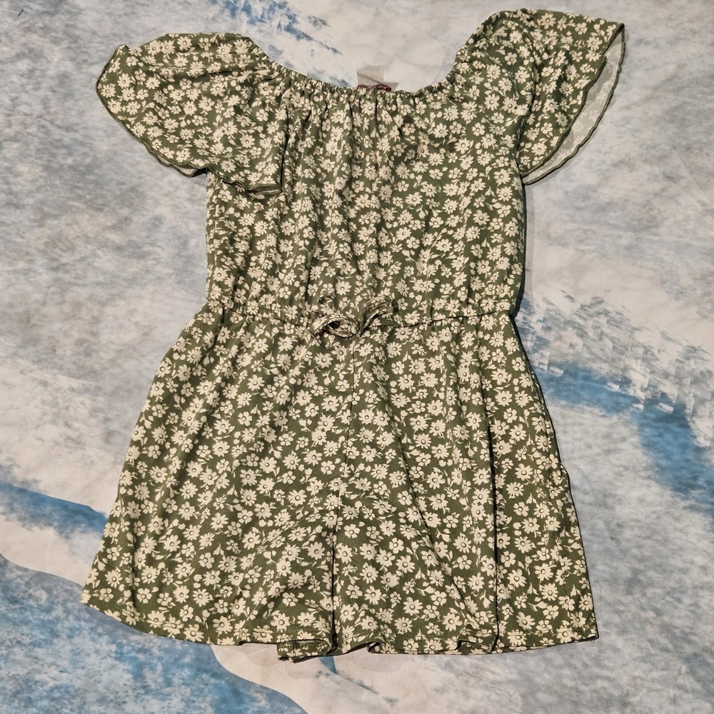 Zunie Girl Girls Size 7/8 Olive Green Floral Flutter Sleeve Romper